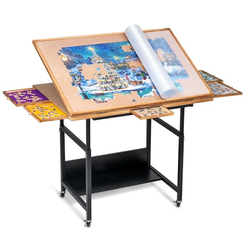 Becko US Jigsaw Puzzle Board with 4 Drawers & PVC Cover, Puzze Board Tilting Board with Height Adjustment for Up to 1500 Pieces, Enclosed with 4 Wheels von Becko US