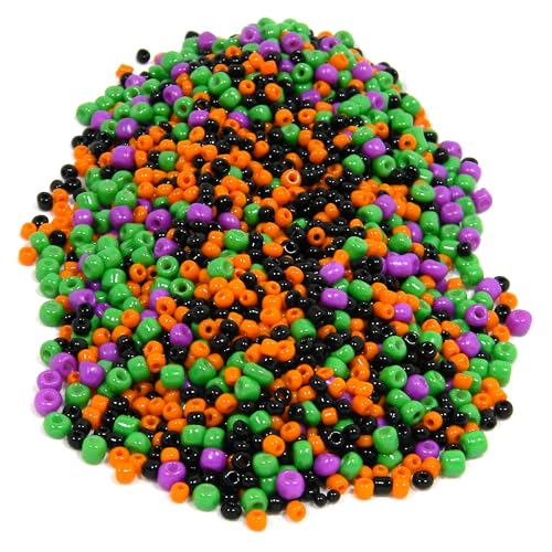 100 g kleine, sortierte Halloween-Rocailles-Perlen in Schwarz, Orange, Lila und Grün, Größe 2 mm – 4 mm von Bedazzlinbeads