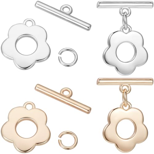 Beebeecart 1 Box Mit 10 Sets Blumen Knebelverschlüsse 18 Karat Gold Und Sterling Silber Plattiertes Messing Knebel Schmuckverschlüsse Verbindungsstück T Stab Verschlüsse Mit Biegeringen Für Halsketten von Beebeecraft