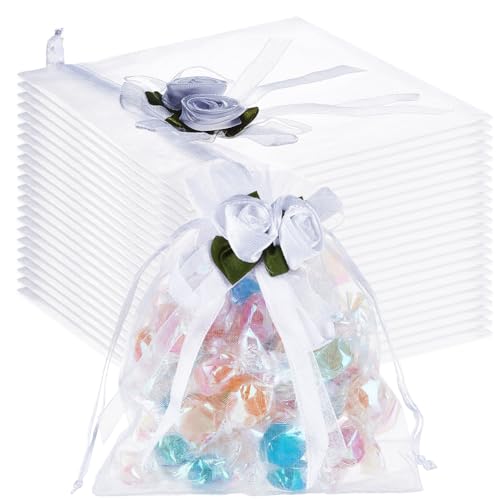 Beebeecart 40 Organzabeutel Mit Kordelzug Süßigkeitenbeutel Schmuckbeutel Hochzeitsgeschenk Partygeschenk Mit Weißer Rose Geschenktüten Für Weihnachten Babyparty (10x12cm) von Beebeecraft