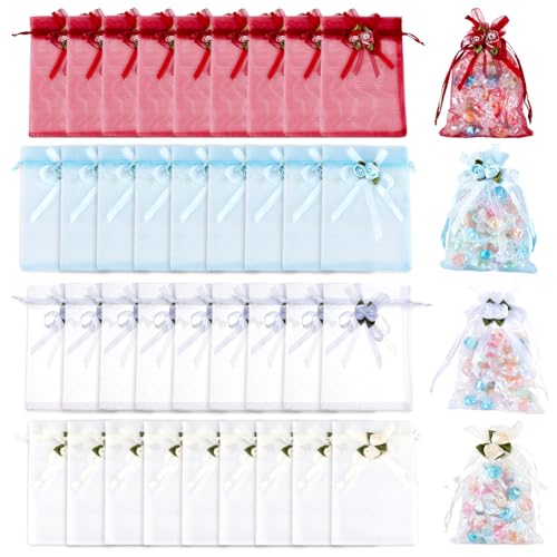 Beebeecart 40 Stück Organza Geschenkbeutel 44x6cm Rosen Netzstoff 3D Blumen Aufbewahrungsbeutel Weiß Rot Blau Gelb Für Hochzeit Weihnachtsfeier Geburtstag Gastgeschenk (2) Farben von Beebeecraft