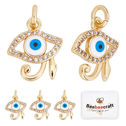 Beebeecraft 1 Box 10 Stück Auge des Horus Charms 18 Karat Vergoldetes Messing Emaille Ägyptisches Anhänger Charms Mit Zirkonia Und Biegeringen Für Halskette DIY Schmuckherstellung von Beebeecraft