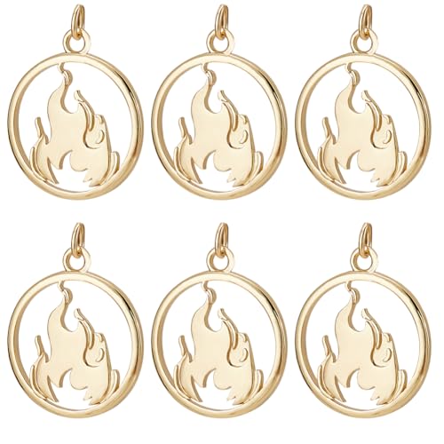 Beebeecraft 1 Box 10 Stück Feuer-Charms 18K-Vergoldet Flach Rund Mit Feuer-Kamin-Anhängern Baumelnde Charms Mit Biegering Für DIY-Schmuck Halskette Ohrringe Armbandherstellung von Beebeecraft