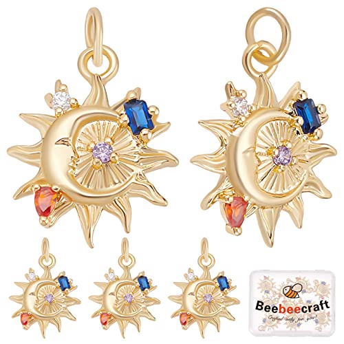 Beebeecraft 1 Box 10 Stück Mond-Sonne-Charms 18K Vergoldetes Messing Strass-Anhänger Hängende Baumelnde End-Charms Mit Schlaufe Für DIY-Halsketten-Armband-Schmuckherstellungszubehör von Beebeecraft