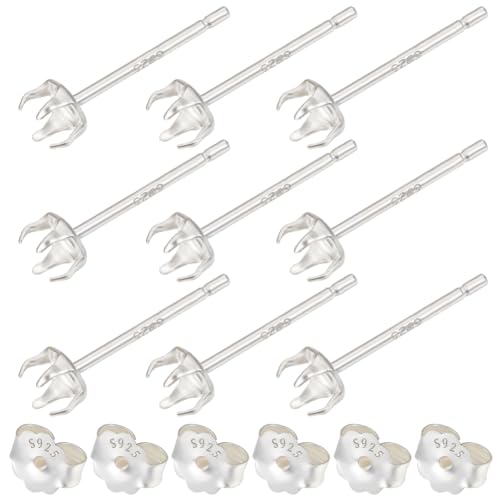 Beebeecraft 1 Box 10 Stück Ohrstecker Zubehör Aus Sterlingsilber Mit Runden Krallenstiften Blanko Ohrring Cabochon Fassungen Mit 3.3 mm Tablett Und 10 Stück Ohrmuttern Für Die Herstellung von Beebeecraft