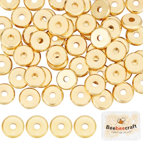 Beebeecraft 1 Box 100 Stück 6 mm Flache Runde Abstandsperlen 18 Karat Vergoldet Golden Glatt Rund Großes Loch Scheibe Lose Kugelperlen Für Die Schmuckherstellung Armbänder Halskette Loch 1.8 mm von Beebeecraft