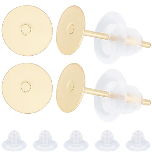 Beebeecraft 1 Box 100 Stück Flache Runde Ohrstecker Zubehör 24 Karat Vergoldeter Edelstahl 6 mm Blanker Ohrstecker Lünettenpfosten Für Selbstgemachte Ohrstecker Schmuckherstellung von Beebeecraft