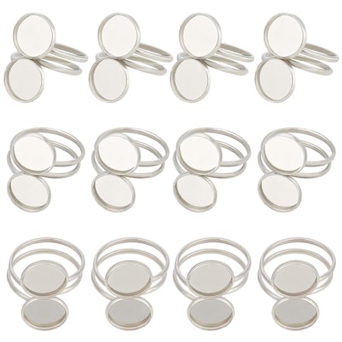 Beebeecraft 1 Box 16 Stück Tablett-Rohling-Ringe Aus Edelstahl 12 mm Flache Runde Basis Lünettenauflage Cabochon-Ringfassungen Für Die Herstellung von DIY-Ringschmuck von Beebeecraft