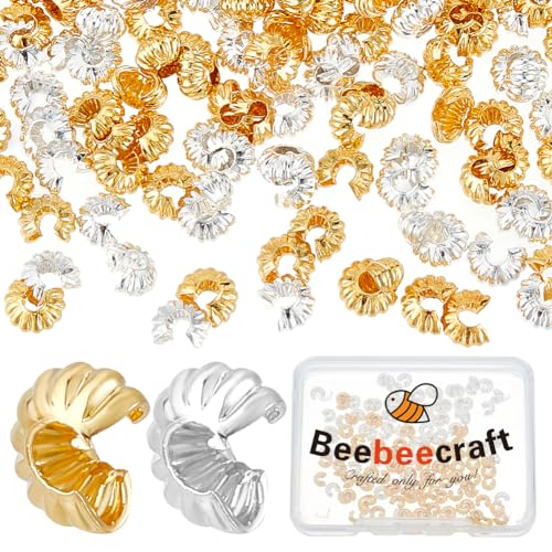 Beebeecraft 1 Box 160 Stück Quetschperlenabdeckungen Sterlingsilber Plattiert Und 18 Karat Vergoldet 2 Farben Halbrunde Offene Quetschperlen Endspitze 4 mm Für DIY Schmuckherstellung von Beebeecraft