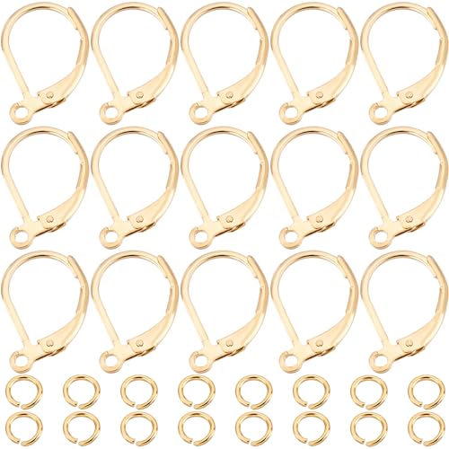 Beebeecraft 1 Box 20 Stück französische Ohrringhaken 24K vergoldet Plattierte Ohrring Haken 15,6x10mm Ohrring Clip Ohrring Verbinder mit 20Pcs offenen Binderingen für Schmuckherstellung von Beebeecraft