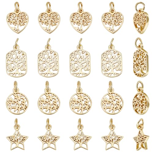 Beebeecraft 1 Box 24 Stück 4 Stile Baum des Lebens Charms 18K Vergoldet Hohl Flach Rund Pentagramm Rechteckig Herzförmig Charms Anhänger Mit Biegering Für DIY Loch 3 mm von Beebeecraft