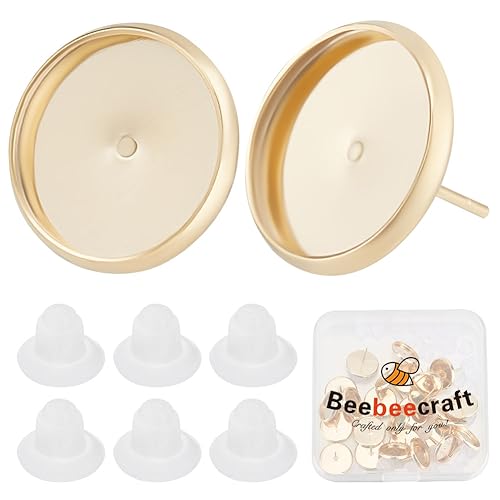 Beebeecraft 1 Box 30 Stück 12mm Ohrring Lünetten Rohlinge 24K Vergoldete Messing Bolzenfassungen Für Ohrstecker Flach Rund Mit Ohrmuttern Für Frauen DIY-Schmuck Baumelnde Ohrringe von Beebeecraft