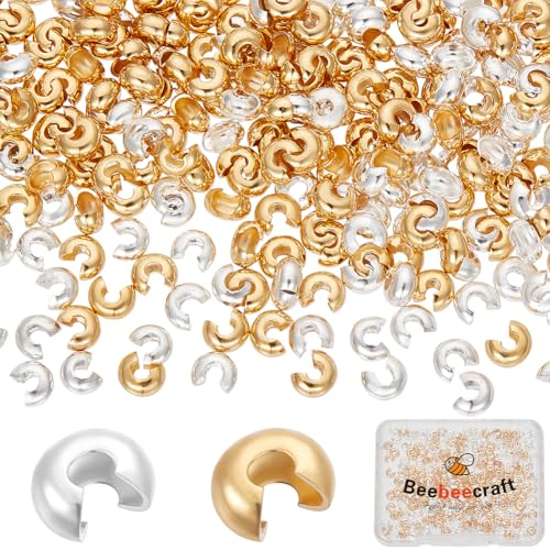 Beebeecraft 1 Box 300 Stück 24 Karat Gold Und 925 Sterling Silber Plattierte Crimpperlen Abdeckungen 4x3mm Kleine Offene Halbrunde Crimpknoten Abdeckung Abstandsperlen Endstücke Für Die von Beebeecraft