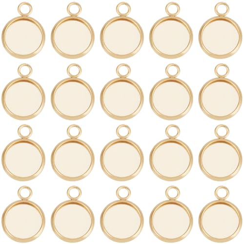 Beebeecraft 1 Box 40 Stück 10 Mm Cabochon Fassungs Charms Aus 24K Vergoldetem Edelstahl Mit Glattem Rand Und Lünettenbechern Flacher Runder Rückseiten Charm Für DIY Schmuckherstellung von Beebeecraft