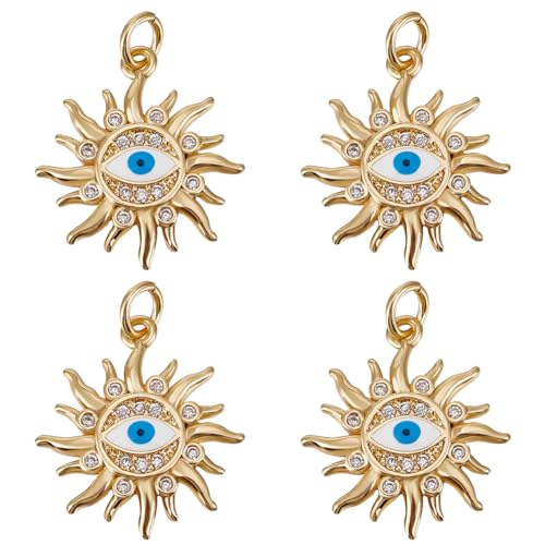 Beebeecraft 1 Box 5 Stück Evil Eye Charm 18K Vergoldet Zirkonia Himmlische Sonne Blaues Türkisches Auge Emaille-Anhänger Charms Mit Biegeringen Für Die Schmuckherstellung von Beebeecraft