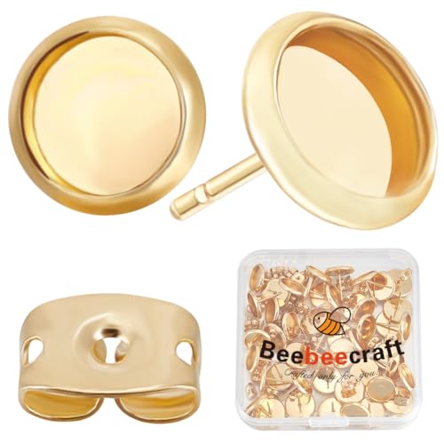 Beebeecraft 1 Box 50 Stück 10mm Ohrring Einfassungen Edelstahl Ohrringe Rohlinge 0,8mm Pin Gold Ohrring Lünette Und 50 Stück Ohrmuttern Für Die Herstellung von Beebeecraft