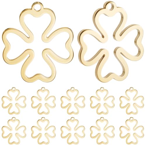 Beebeecraft 1 Box 50 Stück Goldene Kleeblatt Anhänger 18 Karat Vergoldet 304 Edelstahl Flach Vierblättriges Kleeblatt Hohl Für Schmuckherstellung DIY Bastelbedarf St. Patrick Beebeecraft 1 Box 50 Stück Goldene Kleeblatt Anhänger 18 Karat Vergoldet 304 Edelstahl Flach Vierblättriges Kleeblatt Hohl Für Schmuckherstellung DIY Bastelbedarf St. Patrick von Beebeecraft