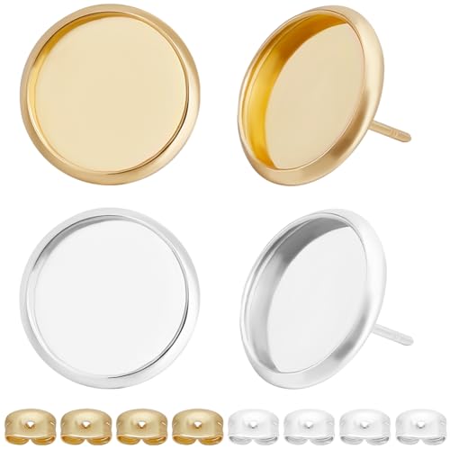 Beebeecraft 1 Box 60 Stück Cabochon Ohrstecker Rohlinge 18 Karat Gold Und 925 Sterling Silber Plattiert Flache Runde Ohrring Tablett Befunde Für Die Schmuckherstellung DIY Basteln von Beebeecraft