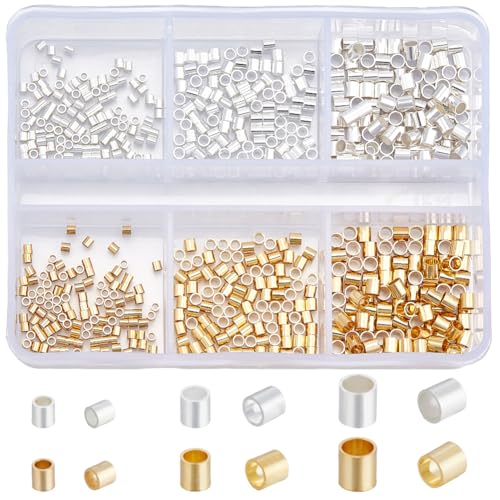 Beebeecraft 1 Box 600 Stück 6 Stile Silberne Quetschperlen 18 Karat Gold Und Sterling Silber Plattierte Quetschperlen 1/2/2.5mm Säulenstopper Endkappen Lose Abstandsperlen Zur Schmuckherstellung von Beebeecraft