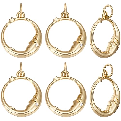 Beebeecraft 1 Box 8 Stück Goldene Mond Charms Aus Messing Mikropflaster Klarer Zirkonia Mit Biegeringen Stern Runder Anhänger Pentagramm Charms von Beebeecraft