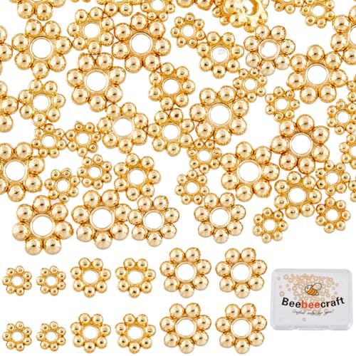 Beebeecraft 1 Box 90St 3 4 5 mm Blumen Abstandsperlen Aus 18 Karat Vergoldetem Edelstahl Im Tibetischen Stil Runde Florale Granulierte Lose Perlen Mit Großem Loch Für DIY Handwerk Armbänder von Beebeecraft