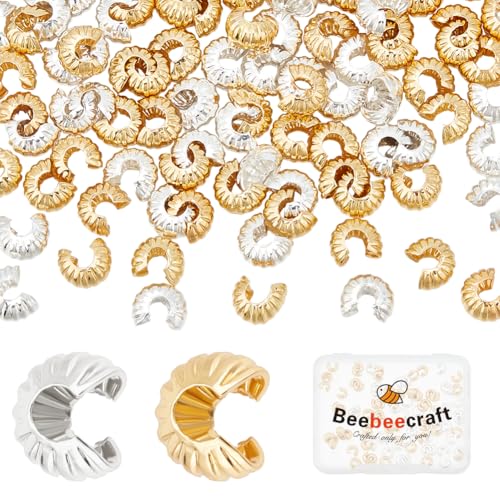 Beebeecraft 1 Box Mit 160 Quetschperlen Abdeckungen 18 Karat Gold Und 925 Sterling Silber Plattiert Halbrunde Offene Quetschperlen Knotenabdeckungen Endspitze 5.5mm Für Heimwerkerarbeiten von Beebeecraft