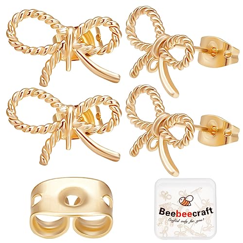 Beebeecraft 1 Box Mit 20Pcs Bowknot Ohrringe Ohrstecker gefunden 18K Gold plattiert Twisted Cord Ohrringe Post mit Hoop Ohrringe Komponenten und 20Pcs Schmetterling Ohrringe zurück Schmuckherstellung von Beebeecraft