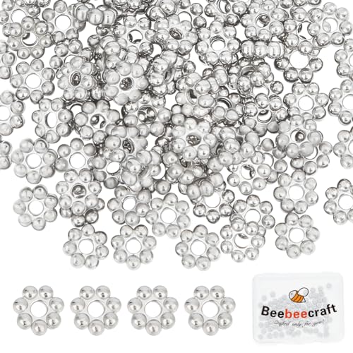 Beebeecraft 1 Box mit 100 Stück Blumenabstandshalter Perlen aus rostfreiem Edelstahl im tibetischen Stil runde floral granulierte lose Perlen mit großem Loch für DIY Bastelarmbänder Lochgröße 1mm von Beebeecraft