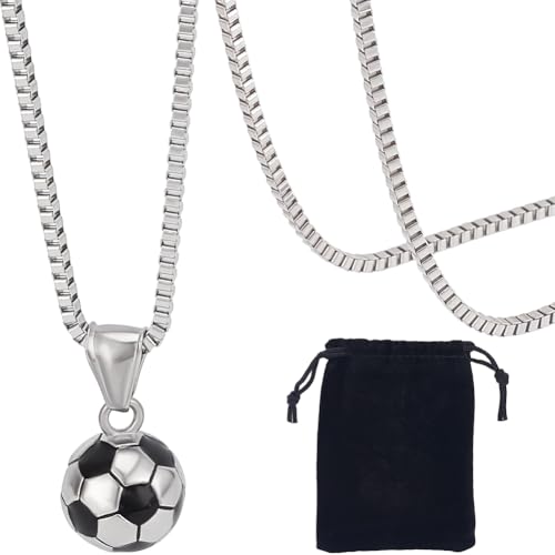 Beebeecraft 1 Schachtel Silberner Fußball Anhänger Mit Kette Und Samtbeutel 316 Halsketten Mit Fußball Hip Hop Sport Anhänger Aus Chirurgischem Edelstahl Und Emaille Für Männer Vater Freund Sport Bar von Beebeecraft