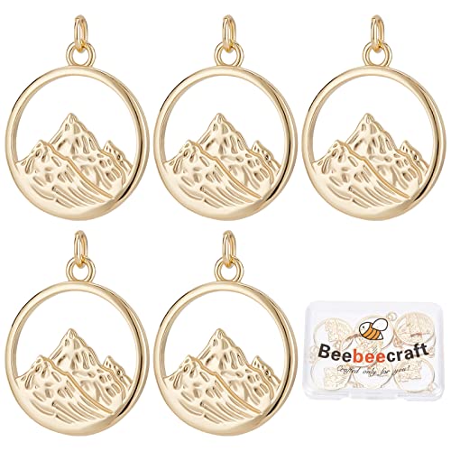 Beebeecraft 10 Stück/Box Berg-Charms 18 Karat Vergoldetes Messing Flach Rund Mit Alpen-Berg-Anhängern Mit Biegering Für Schmuckherstellung Halsketten Armbänder DIY-Handwerk von Beebeecraft