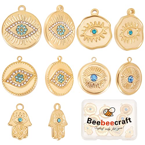 Beebeecraft 10 Stück 5 Stil Evil Eye Charms 18 Karat Vergoldeter Edelstahl Hamsa Hand Unregelmäßig Flach Rund Strass Anhänger Charms Für Ohrring Halskette Armband von Beebeecraft