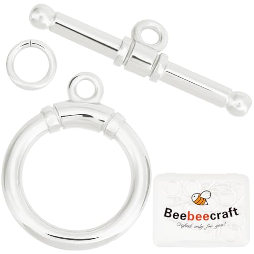 Beebeecraft 10 Stück 925 Sterling-Silber-Beschichtete Knebelverschlüsse T-Stab-Verschluss Runde Verschlussverbinder Mit Biegeringen Für Die Herstellung von Halsketten Und Armbändern von Beebeecraft