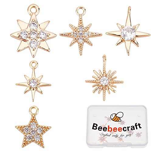 Beebeecraft Stern-Charms, 6 Stile, 18 Karat vergoldet, Zirkonia, Schmuckherstellung, mit Sprungring für selbstgemachte Schmuckherstellung, Armband, Halskette, Ohrringe, 12 Stück von Beebeecraft