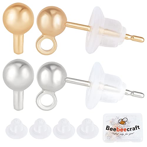 Beebeecraft 40 Stück/Box 2 Farben Kugel-Ohrstecker Mit Öse 18 Karat Vergoldetes Und Platiniertes Messing Runde Kugel-Ohrring-Stifte Mit Ohrring-Verschlüssen Für Die DIY-Schmuckherstellung (15x4 mm) von Beebeecraft