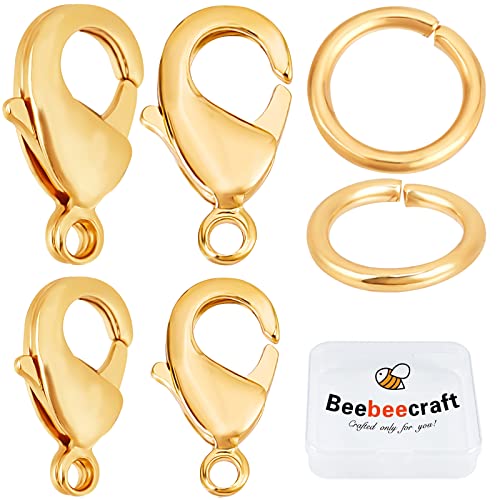 Beebeecraft 40 Stück 2 Größen 18 Karat vergoldete Karabinerverschlüsse Schmuckverschlüsse Verbinder mit 80 Stück Bindering für DIY Armband Halskette Schmuckherstellung von Beebeecraft