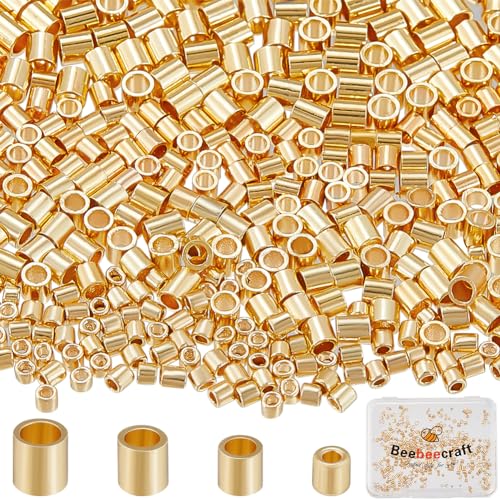 Beebeecraft 400 Stück 1.3/1.5/1.8/2 mm 14 Karat Gold Gefüllte Röhrenperlen Lose Messing Quetschperlen Positionierungssäulen Abstandshalterperlen Mit Aufbewahrungsbox Für Die Herstellung von von Beebeecraft