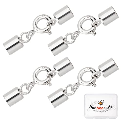 Beebeecraft 4 Sets Endkappen 925 Sterlingsilber Crimp Endkappen Zum Einkleben Mit Karabinerverschluss Für Die Herstellung von Lederbändern (Innengröße: 3.5 mm) von Beebeecraft