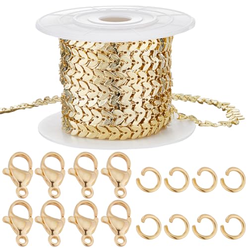 Beebeecraft 5 m lange Kabelkette, 18 Karat vergoldet, mit 20 Karabinerverschlüssen und 50 offenen Biegeringe für Bastelarbeiten, Armbänder, Schmuckherstellung von Beebeecraft