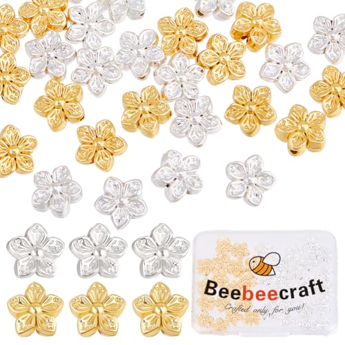 Beebeecraft 50 Stück 2 Farben Blumen Metallperlen Pfirsichblüte 18 Karat Gold Und 925 Sterlingsilber Plattiert 0.5mm Loch Florale Lose Abstandsperle Für Die Schmuckherstellung Armbänder Halsketten von Beebeecraft