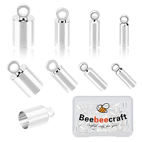 Beebeecraft 80 Stück 4 Größe 925 Sterling Silber Plattierte Crimp-Endkappen Glatte, Einklebbare Lederband-Endkappe Mit Schleifenring Für Lederband-Armbänder Schmuckherstellung von Beebeecraft