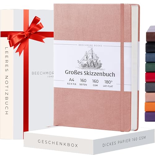 Beechmore Books Skizzenbuch - A4, Rosa I Kunst Sketchbook aus veganem Leder, Hardcover, Zeichnen, Skizzieren, dickes Papier 160gsm, linierter Zeichenblock mit Geschenkbox, für Männer & Frauen von Beechmore Books