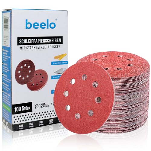 BEELO Schleifpapier 125mm Klett (100 Stück) – Schleifscheiben 125mm Klett für Exzenterschleifer – 20 Stück x P40, P60, P80, P120 und P180 (8 Löcher) – Ideal für Holz, Metall und Farbe von Beelo