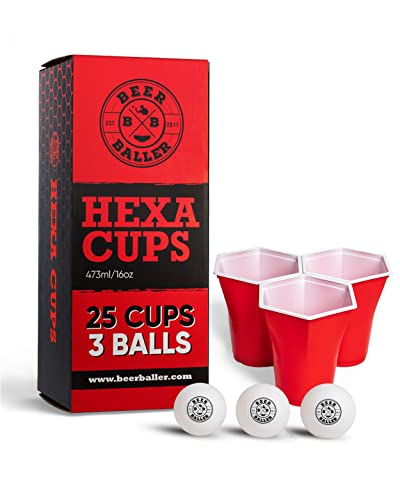 BeerBaller® Hexa Red Cups - WENIGER RANDTREFFER DANK 6-ECKIGER FORM! 25 rote Beer Pong Becher & 3 Bier Pong Bälle | 473ml - 16oz Partybecher | Bierpong Becher Set | Red Cups | Beerpongbecher von BeerBaller