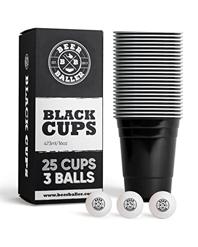 BeerBaller® Black Cups - 25 Schwarze Beer Pong Becher & 3 Bier Pong Bälle | spülmaschinenfest & wiederverwendbar | 473ml - 16oz Partybecher | Bierpong Becher Set | Original American Beerpongbecher von BeerBaller