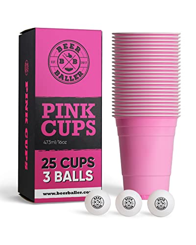 BeerBaller® Pink Cups - 25 pinke Beer Pong Becher & 3 Bier Pong Bälle | spülmaschinenfest & wiederverwendbar | 473ml - 16oz Partybecher | rosa Bierpong Becher Set | Original American Beerpongbecher von BeerBaller