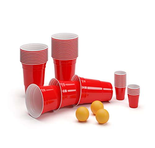 BeerCup Bierpong Becher Set, 50 Bierpong Becher, 50 Red Cups, Bierpong Becher Set Spülmaschinenfest, Partybecher, Wiederverwendbare Beer Pong Becher, Plastikbecher, Beerpongbecher in Rot und 3 Bälle von BeerCup-Classics