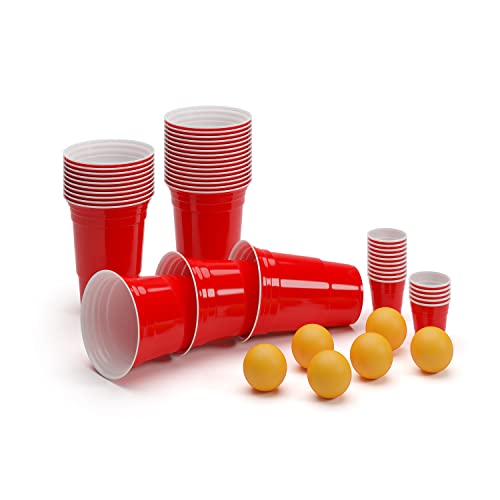 Ultimate Beer Pong Party Paket | 50 Rote Partybecher mit Bällen und Shot Cups | inkl. 3 Beer Pong Bälle | inkl. 50 Red Cup Shots & Regelwerk | Beer Pong Party Cups | (100 Becher, 100 Shots & 6 Bälle) von BeerCup-Classics