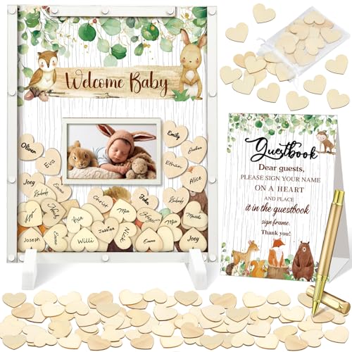 Beeveer 65 Stück Babyparty-Gästebuch-Alternativen, He or She Geschlecht offenbart Babyparty-Dekorationen, Schild im Gästebuch mit Bilderrahmen und 60 Holzchips für Babyparty (Grün, Waldtier) von Beeveer