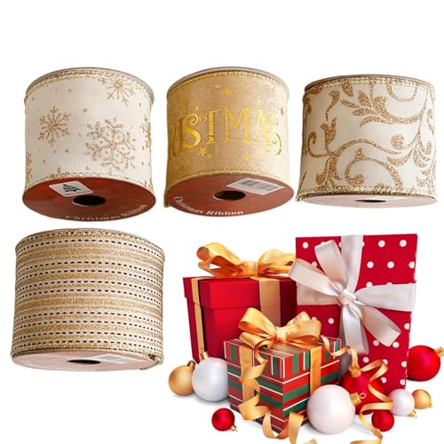 Weihnachts Geschenkband | 4 Rollen Weihnachts Samtband | Frohe Weihnachten Feiertags Dekorbänder | Vintage Weihnachtsband Für Geschenke, Basteln Und Als Weihnachtsbaumschmuck von Befeixue