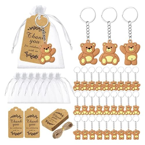 Begchy 20 Stück Babyparty-Souvenirs, Geschenk, Bär, Schlüsselanhänger, Organza-Beutel, Dankeschön, Kraftanhänger für Gäste, Mädchen, Jungen, Geburtstagsparty-Zubehör von Begchy